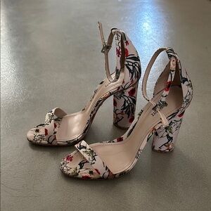 SCHUTZ Cream & Floral Block Heel Sandals with Ankle Strap